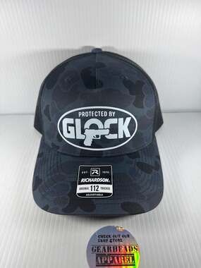Richardson 112 Trucker Hat Protected By Glock Black Duck Camo Mesh Back Snapback